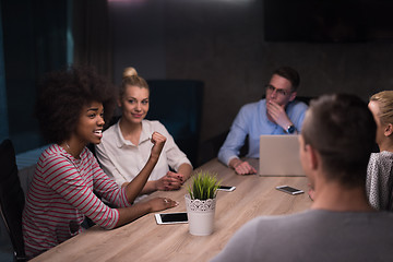 Image showing Multiethnic startup business team in night office