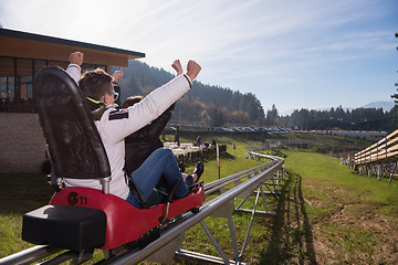 Image showing couple enjoys driving on alpine coaster