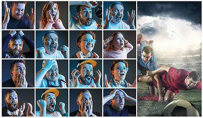 Image showing Collage about emotions of football fans watching soccer on tv