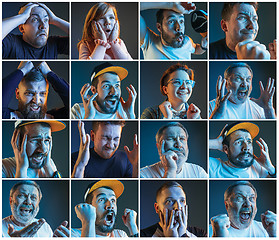 Image showing Collage about emotions of football fans watching soccer on tv