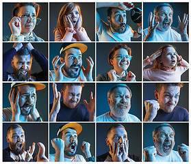 Image showing Collage about emotions of football fans watching soccer on tv
