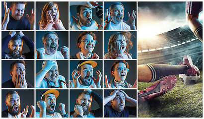 Image showing Collage about emotions of football fans watching soccer on tv