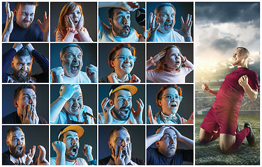 Image showing Collage about emotions of football fans watching soccer on tv