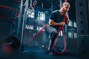 Image showing Men with battle rope battle ropes exercise in the fitness gym. CrossFit.