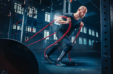 Image showing Men with battle rope battle ropes exercise in the fitness gym. CrossFit.