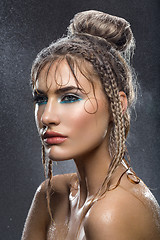 Image showing Beautiful girl with blue makeup in water drops