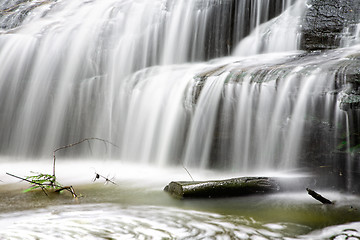 Image showing Full flowing waterfall and mossy log