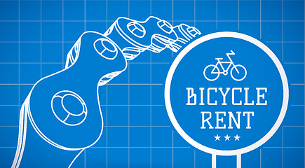 Image showing Bicycle rent sign on blueprint background with bicycle chain. Vector