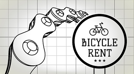 Image showing Bicycle rent sign on blueprint background with bicycle chain. Vector