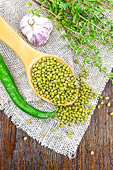 Image showing Mung beans in spoon on burlap top