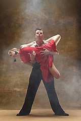 Image showing Flexible young modern dance couple posing in studio.