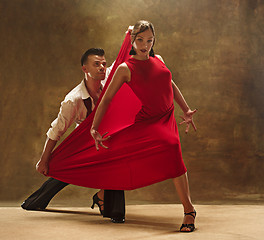 Image showing Flexible young modern dance couple posing in studio.