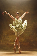 Image showing Young ballet dancer - Harmonious pretty woman with tutu posing in studio -