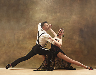 Image showing Flexible young modern dance couple posing in studio.