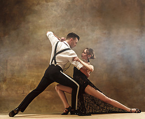 Image showing Flexible young modern dance couple posing in studio.