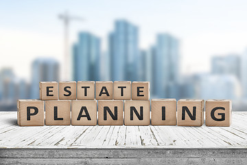 Image showing Estate planning sign on a wooden pier