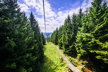 Image showing Mountain lift in the summer with pine trees