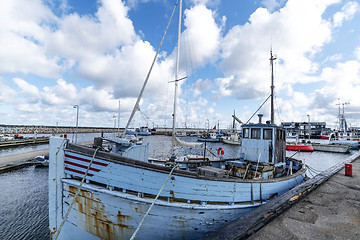 Image showing Old traditional fishing boat in a Scandinavian harbor