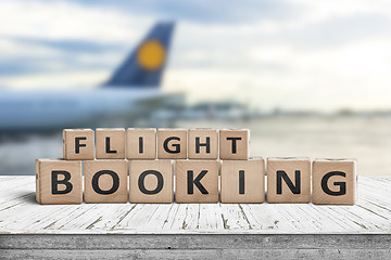 Image showing Flight booking sign at an airport with a plane