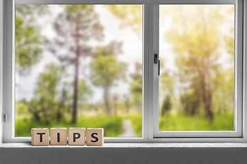 Image showing Tips sign in a window with a view to a green garden