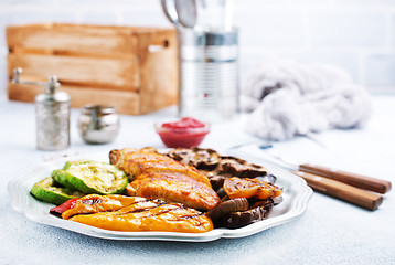 Image showing chicken barbecue and grilled vegetables