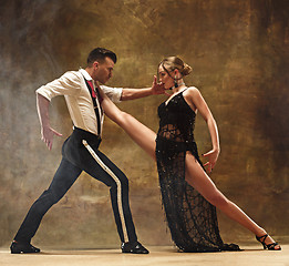 Image showing Flexible young modern dance couple posing in studio.