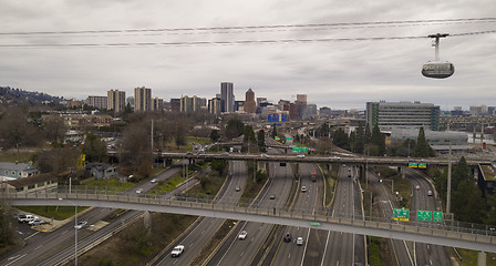 Image showing The Portland Tram Moves East over Interstate 5 Toward the Waterf