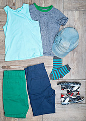 Image showing Flat lay photography of some boy\'s casual outfits.