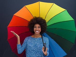 Image showing african american woman holding a colorful umbrella