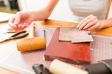 Image showing Woman leather bag at home