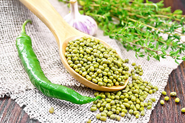 Image showing Mung beans in spoon on burlap