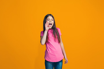 Image showing Isolated on pink young casual teen girl shouting at studio