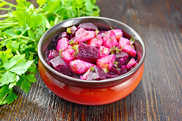 Image showing Salad of beets and potatoes in bowl on table