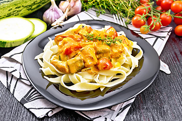 Image showing Pasta with goulash in plate on towel