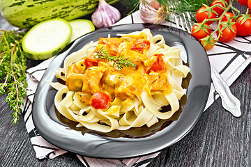 Image showing Pasta with goulash in plate on board