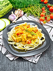 Image showing Pasta with goulash in plate on table