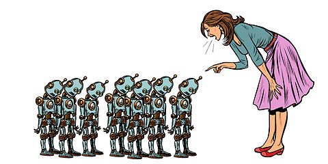 Image showing learning artificial intelligence concept, woman swears at small robots