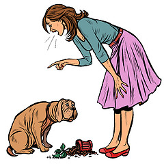 Image showing Woman scolds guilty dog. Broken pot with flower isolate on white background