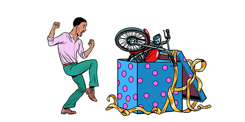 Image showing african Man and motorcycle holiday gift box, isolate on white background