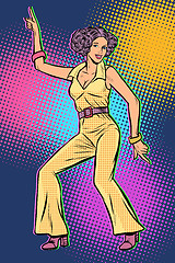 Image showing girl in pantsuit. woman disco dance 80s background