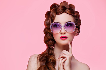 Image showing Beautiful girl with bright make-up and sunglasses