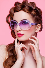 Image showing Beautiful girl with bright make-up and sunglasses