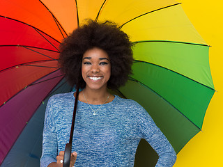 Image showing black woman holding a colorful umbrella