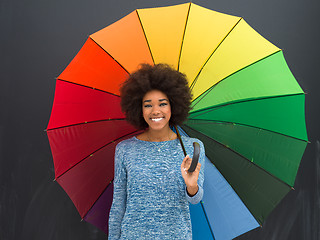 Image showing african american woman holding a colorful umbrella