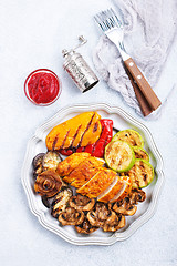 Image showing chicken barbecue and grilled vegetables