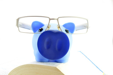 Image showing Blue piggy bank on a text books