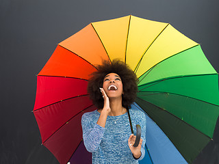 Image showing african american woman holding a colorful umbrella