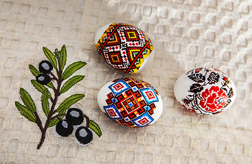 Image showing Colorful Easter Eggs on White Towel