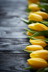 Image showing Composition of fresh yellow tulips placed in row on black rustic wooden table