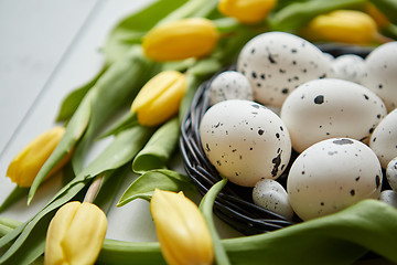 Image showing Beautiful yellow tulips with dotted quail and chicken eggs in nest on white